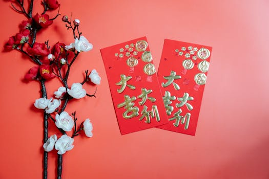 A vibrant display of festive red envelopes and cherry blossoms celebrating Chinese New Year.